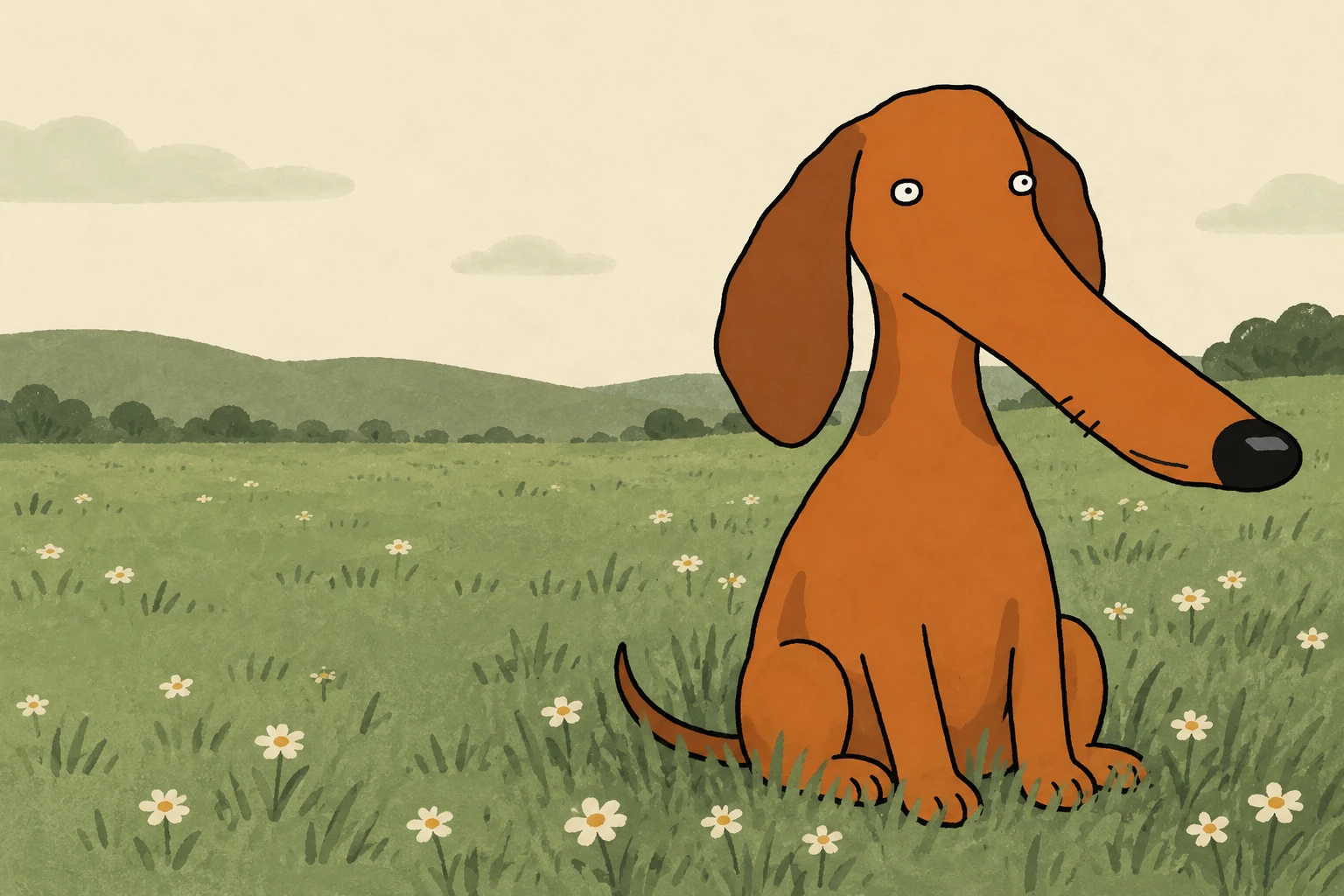 doog sitting in a quiet green meadow